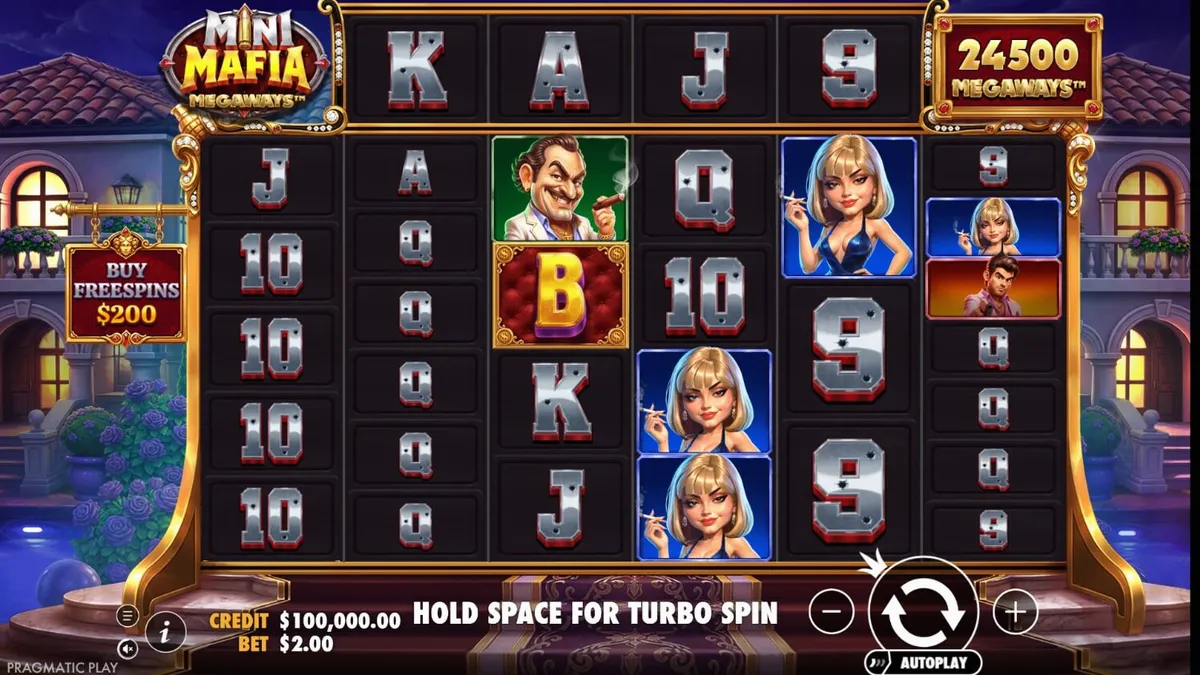 Tampilan visual slot Mini Mafia Megaways dengan tema kartun mafia