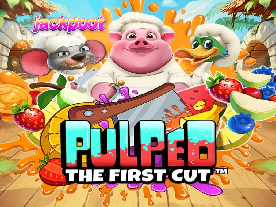 Tampilan visual slot Pulped: The First Cut dengan karakter koki hewan dan buah-buahan tropis.
